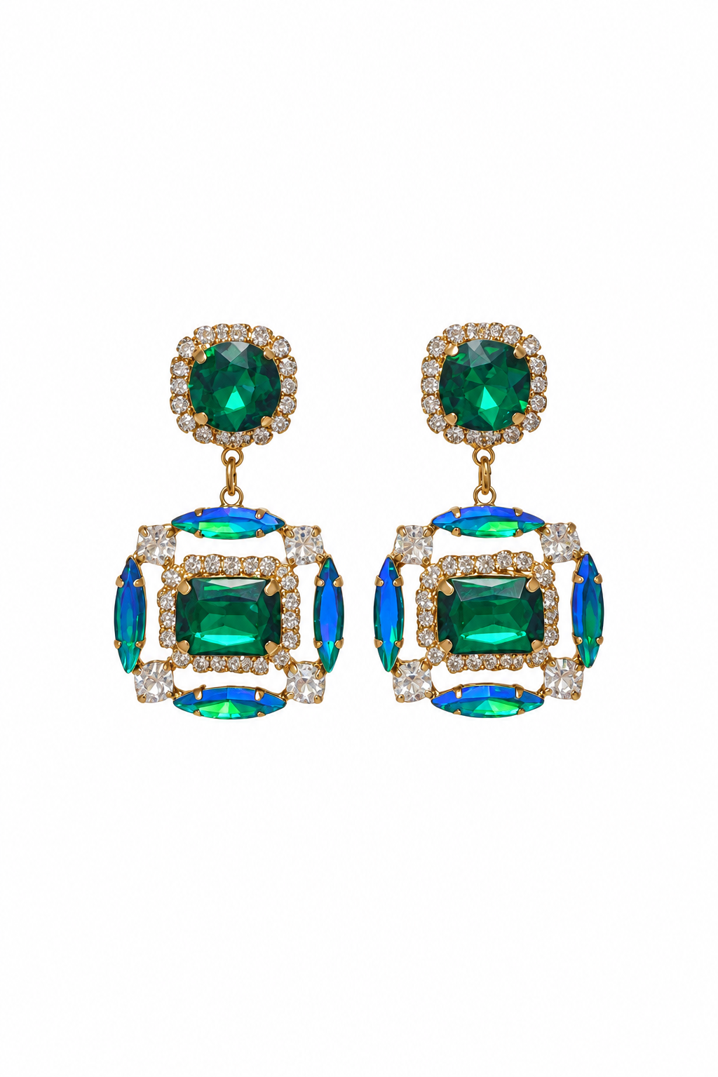 Emerald and teal crystal statement drop earrings with emerald-cut stones and pavé halos in gold tone – Victoria London