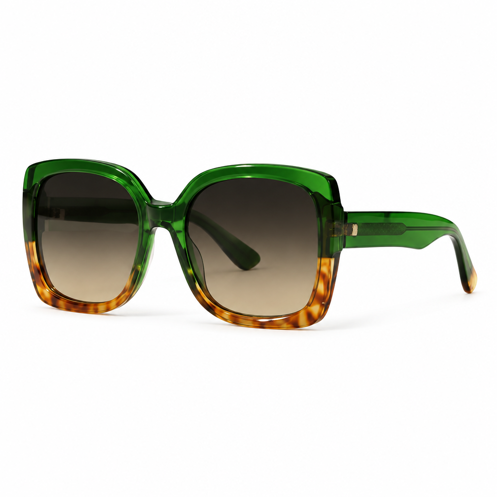 Two-tone oversized square sunglasses fading from emerald green to amber tortoiseshell – Victoria London