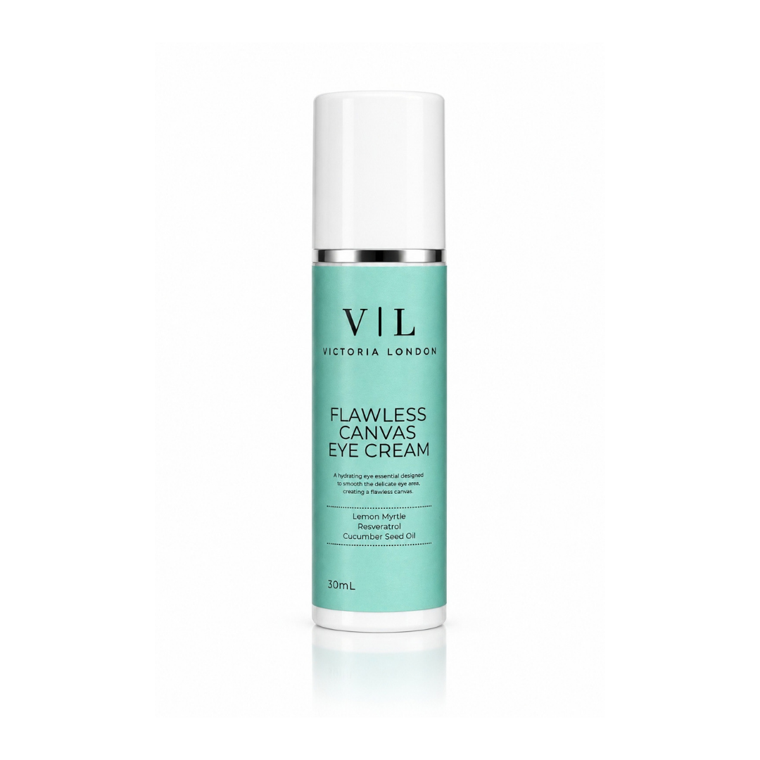 Flawless Canvas Eye Cream 30mL bottle with aqua label and white cap – Victoria London