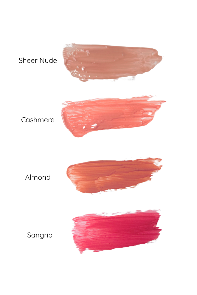 Four cosmetic cream swatches labeled Sheer Nude, Cashmere, Almond, and Sangria on a plain white background, showing different shades of warm-toned lip or cheek tint.