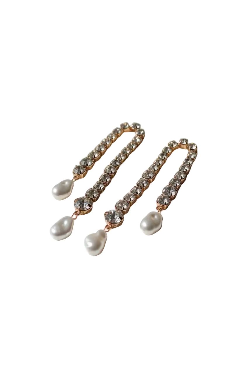 Gold Cascade pearl and crystal statement earrings with double crystal chain strands and baroque pearls – Victoria London