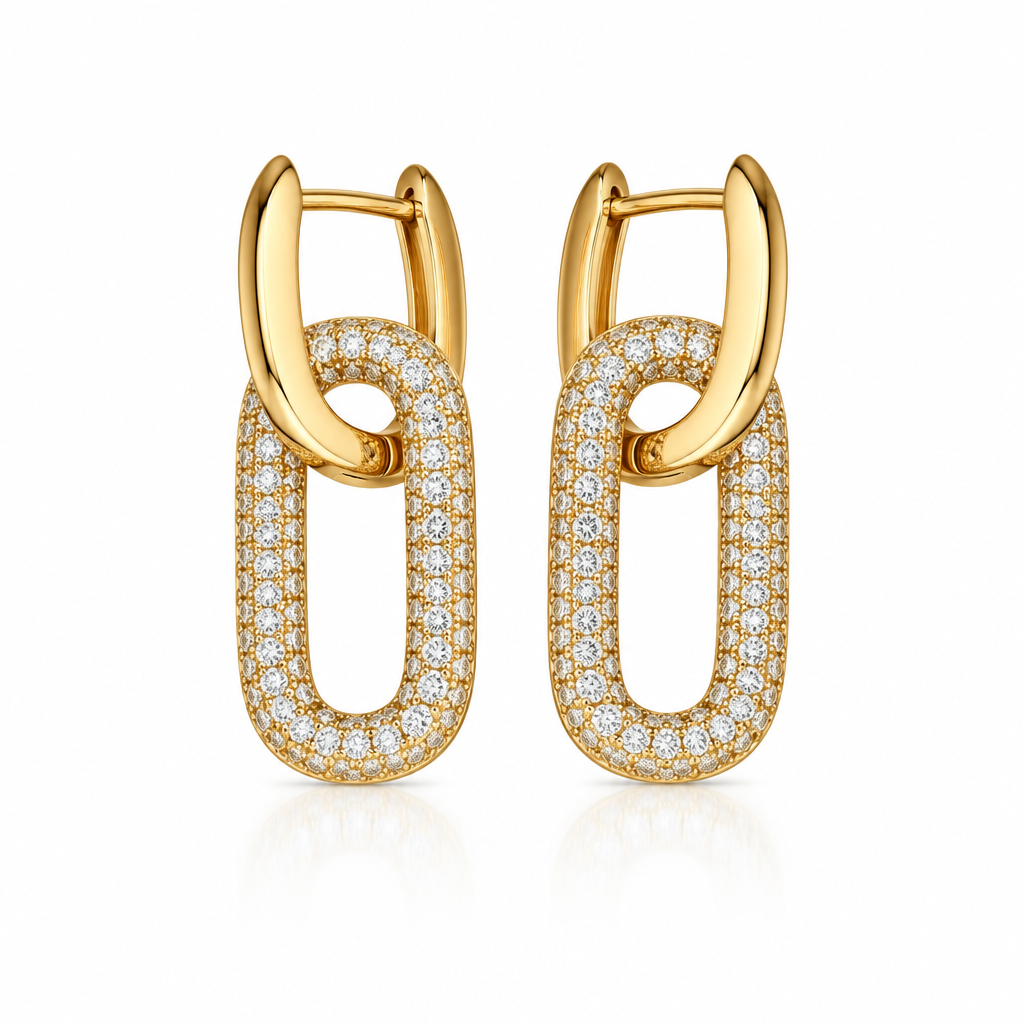 Gold Dual Link Pavé Drop Hoops with a polished gold-tone huggie and pavé oval link – Victoria London