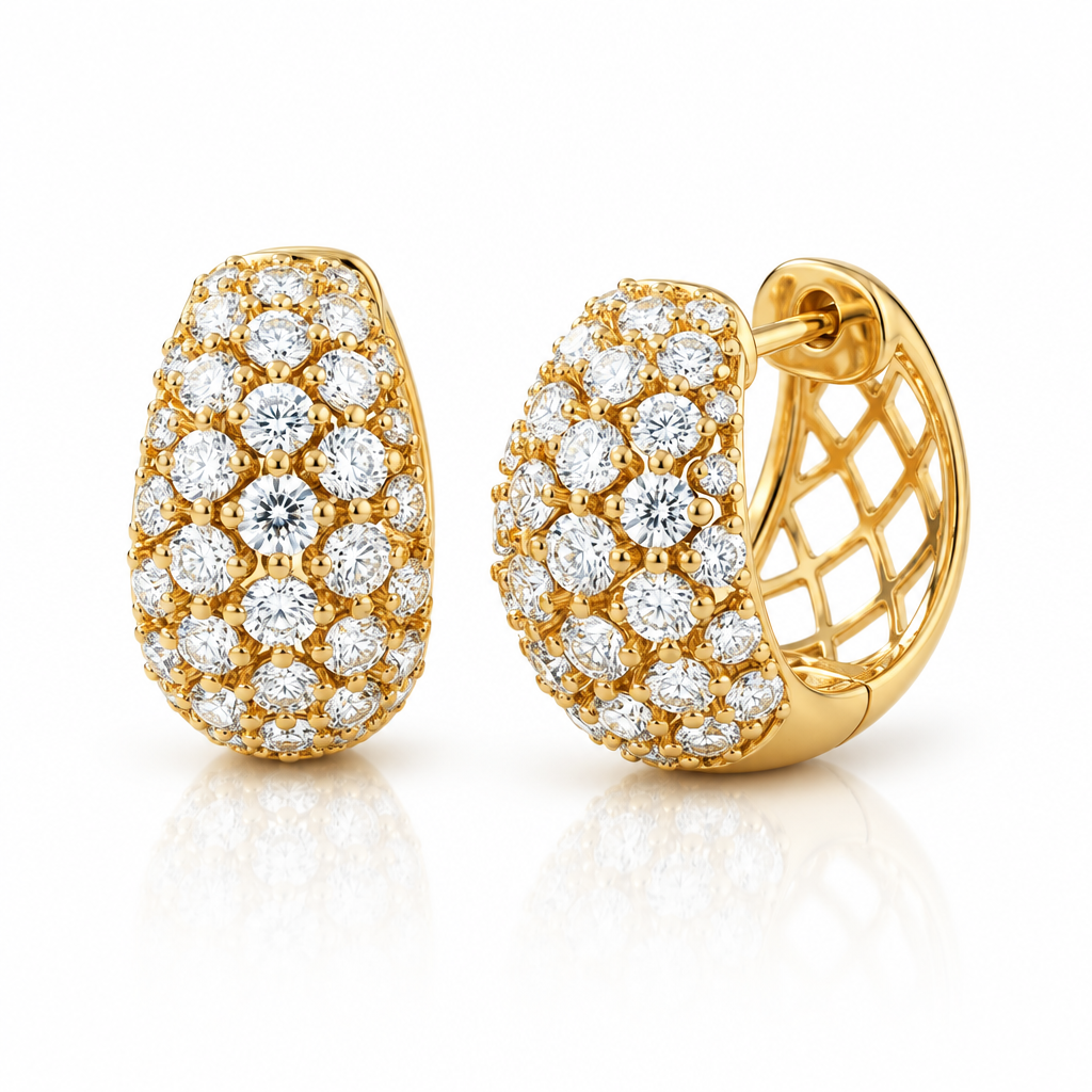 Gold pavé dome huggie hoop earrings shown front and side, covered in round-cut stones – Victoria London