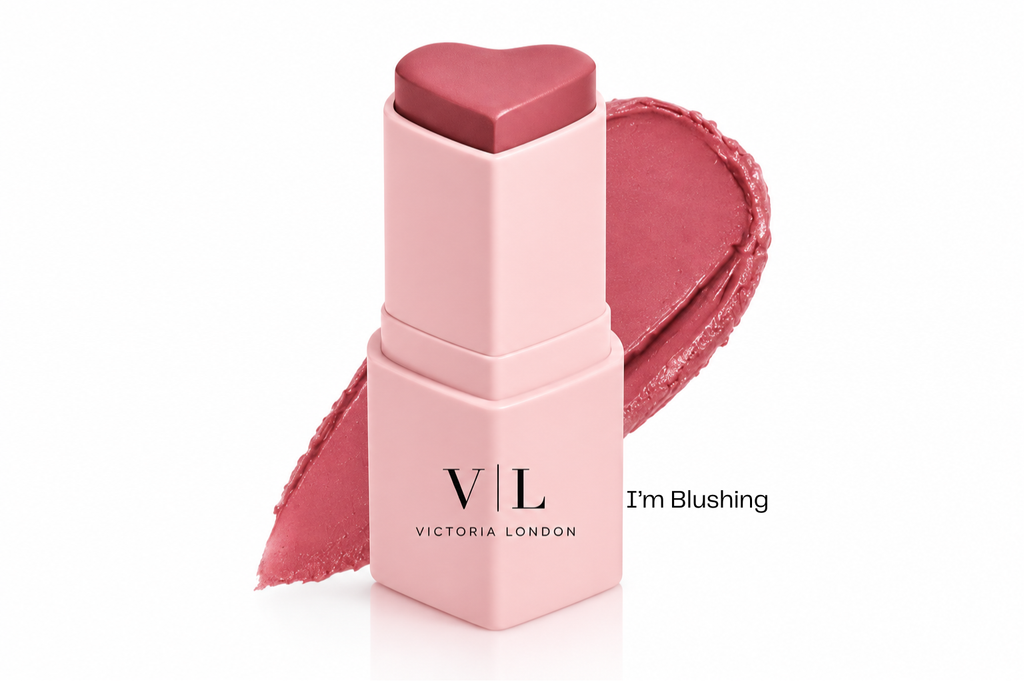 Heart You Beauty Balm in I'm Blushing, a rose-pink heart-shaped bullet with a colour swipe – Victoria London