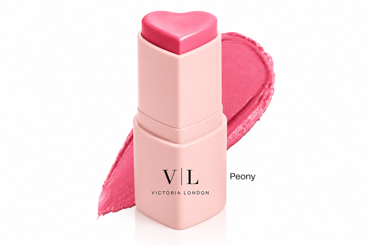 Heart You Beauty Balm in Peony, a bright pink heart-shaped bullet with a colour swipe – Victoria London