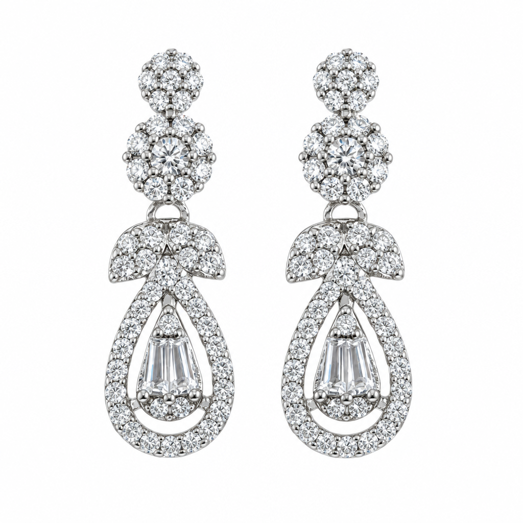 Heirloom pavé and baguette drop earrings in silver tone with floral cluster top and open teardrop frame – Victoria London