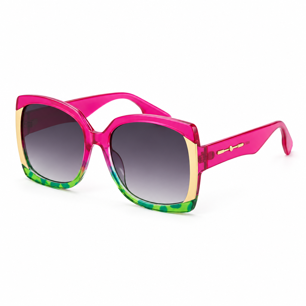 Retro hot pink and green spotted oversized sunglasses with gold corner accents and grey gradient lenses – Victoria London