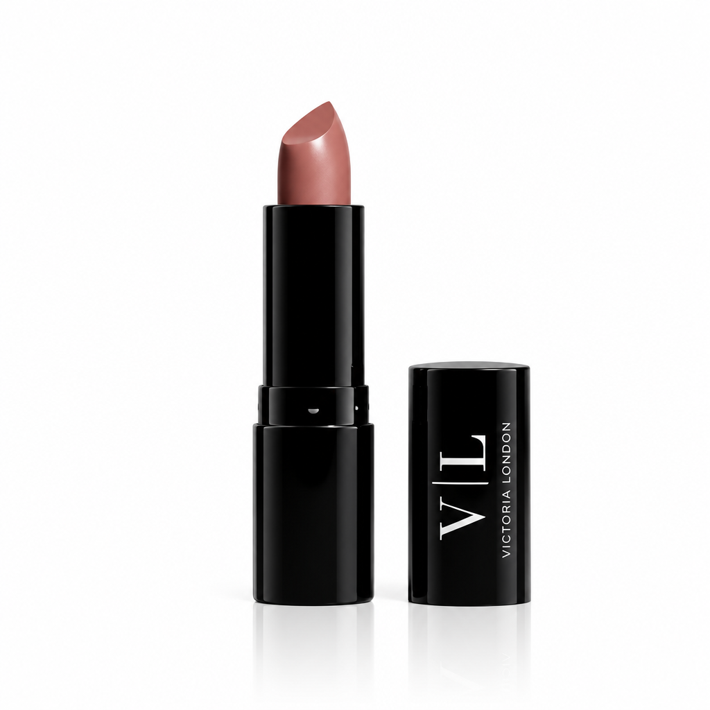 Luxury Cream Lipstick in black casing, open to show a rosy nude bullet beside its VL cap – Victoria London