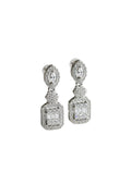 Geometric marquise and baguette crystal drop earrings in silver with a rectangular halo drop – Victoria London