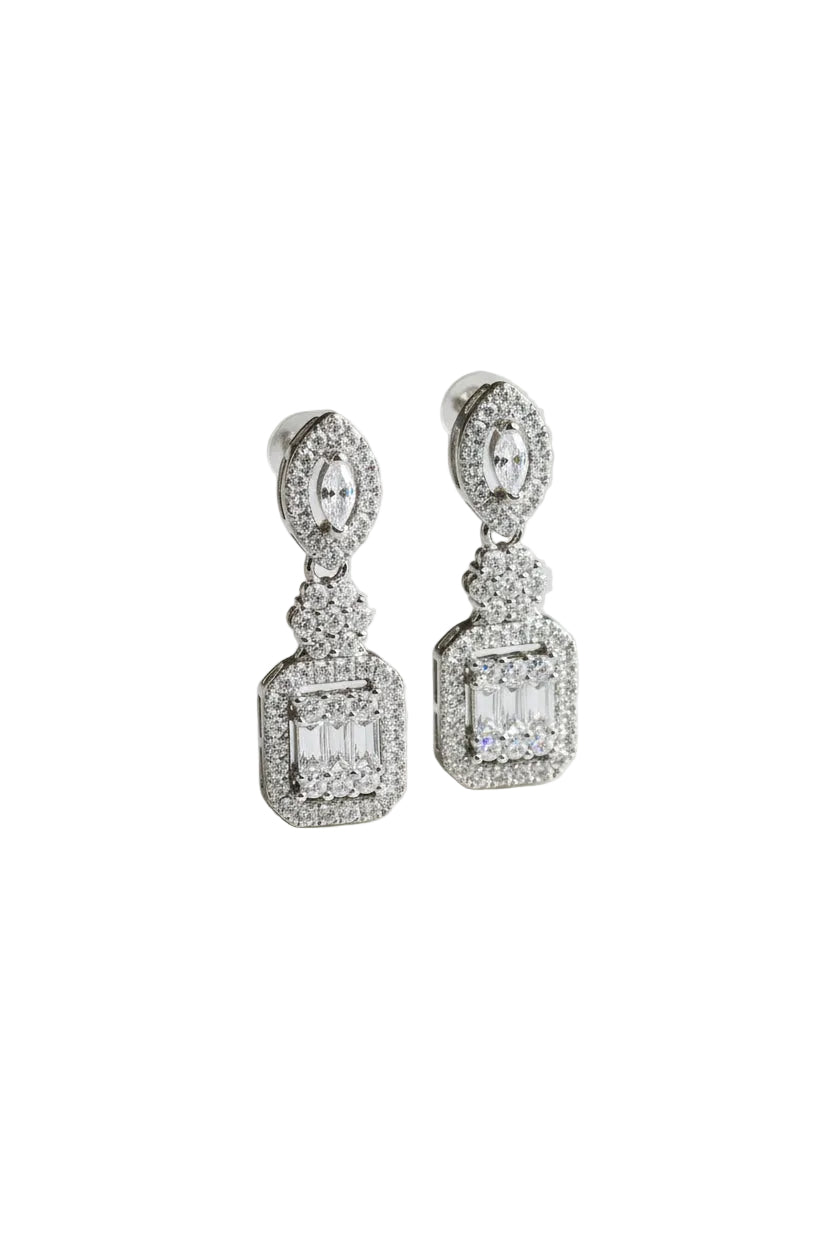 Geometric marquise and baguette crystal drop earrings in silver with a rectangular halo drop – Victoria London