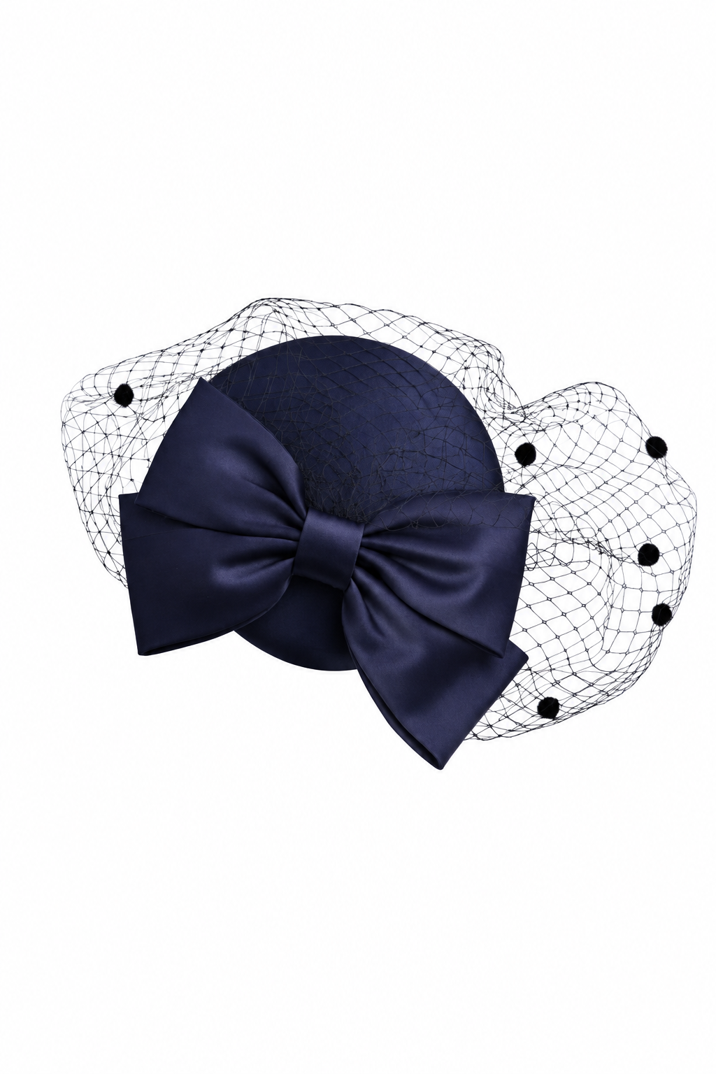 Navy satin pillbox fascinator hat with large satin bow and black spotted birdcage veil – Victoria London