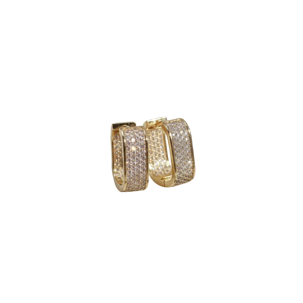 Pavé gold rectangular huggie hoop earrings encrusted with micro-pavé stones – Victoria London
