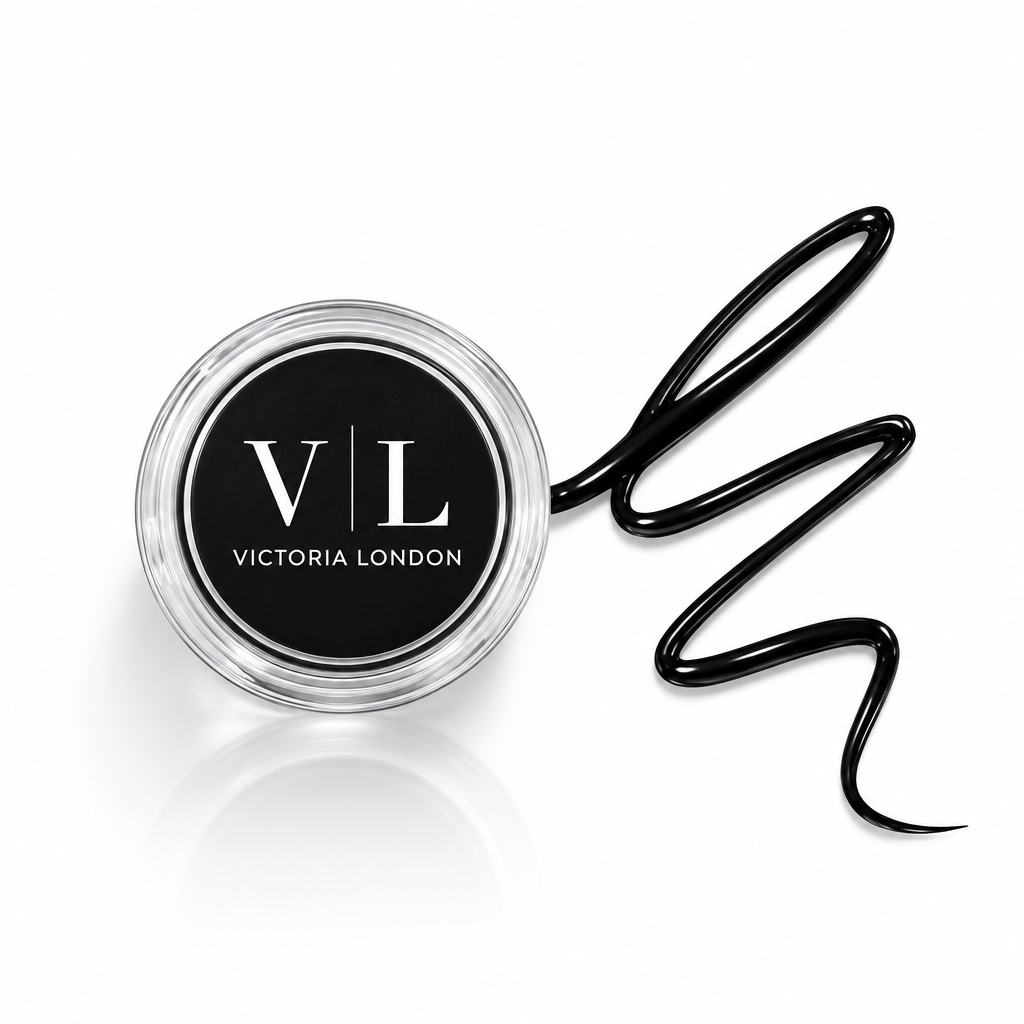 Precision Hydra Liner ultra black gel eyeliner pot with VL lid beside a glossy black liner swatch – Victoria London