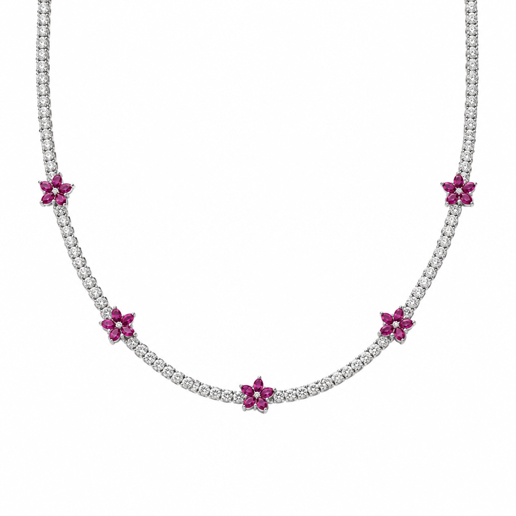 Ruby-tone floral crystal tennis necklace, a clear crystal strand with ruby-tone flower accents – Victoria London