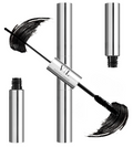 Sculpt & Amplify Mascara in silver dual-ended casing with two spoolie wands and black mascara strokes – Victoria London