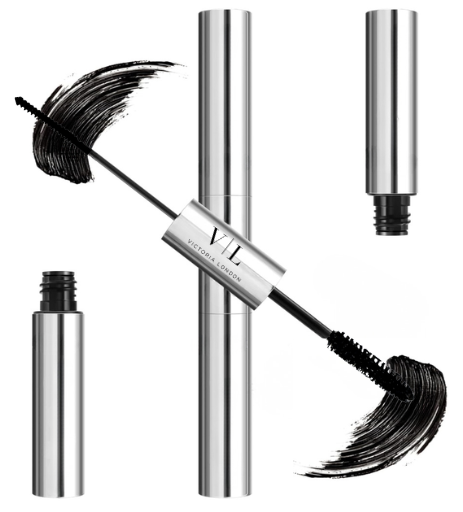 Sculpt & Amplify Mascara in silver dual-ended casing with two spoolie wands and black mascara strokes – Victoria London