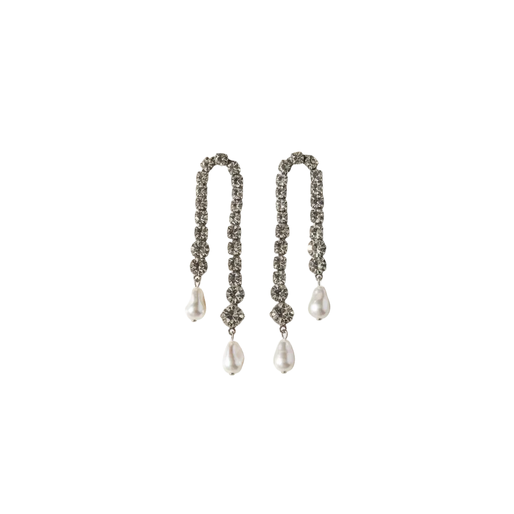 Silver Cascade pearl and crystal statement earrings with long crystal chain strands and baroque pearl drops – Victoria London