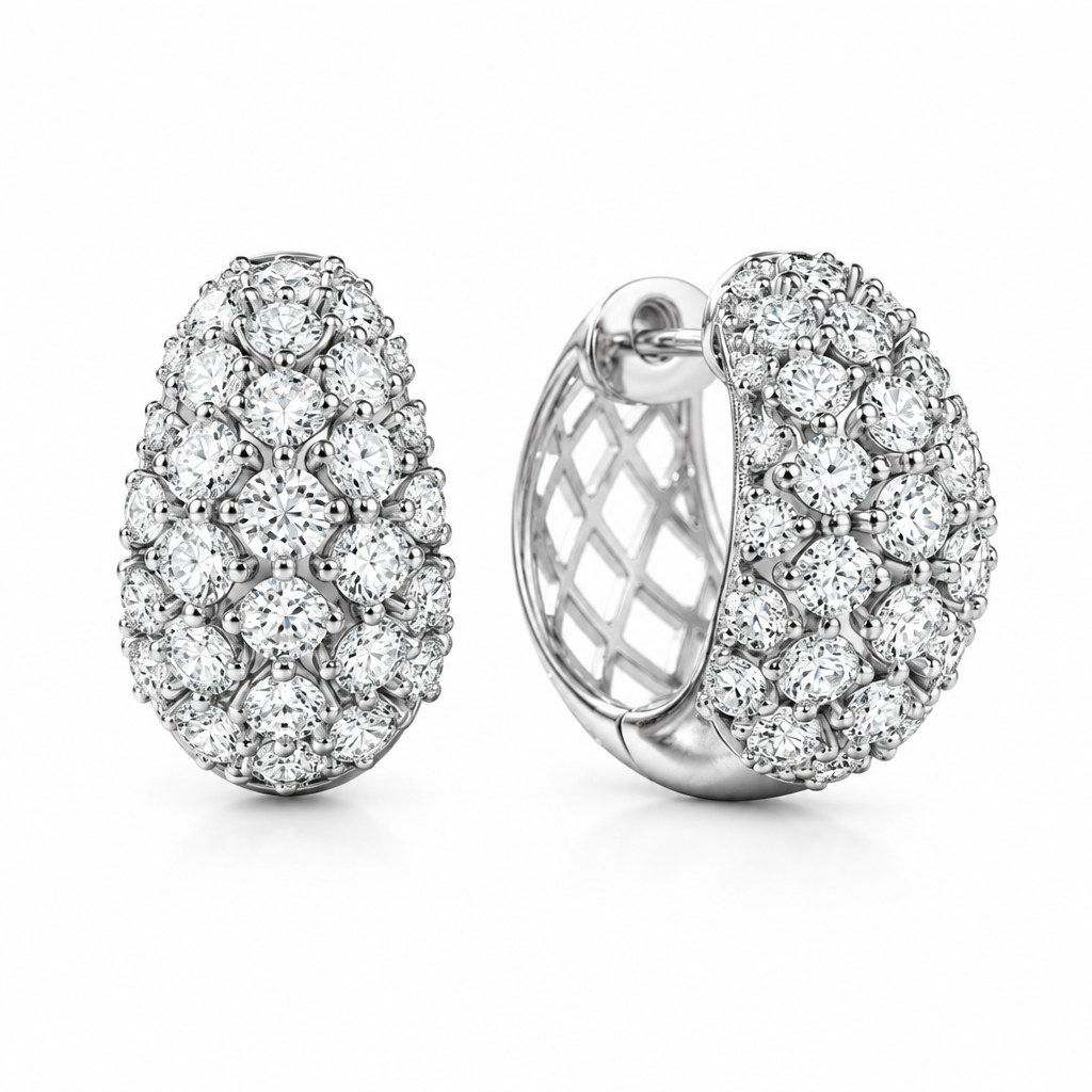 Silver pavé dome huggie hoop earrings shown front and back, with open lattice inner detail – Victoria London