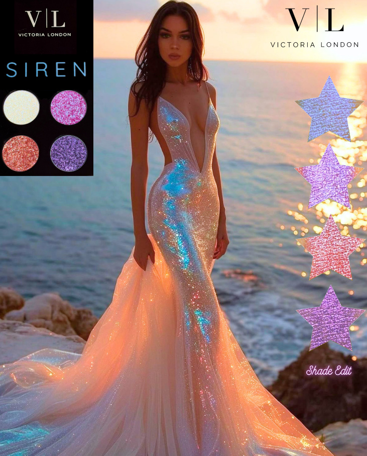 Siren Eyeshadow Quad campaign image with a model in an iridescent gown and star-shaped shade swatches – Victoria London