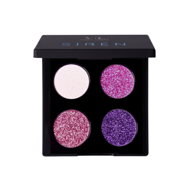 Siren Eyeshadow Quad in Ethereal, four glitter shades in white, pink, magenta and purple – Victoria London