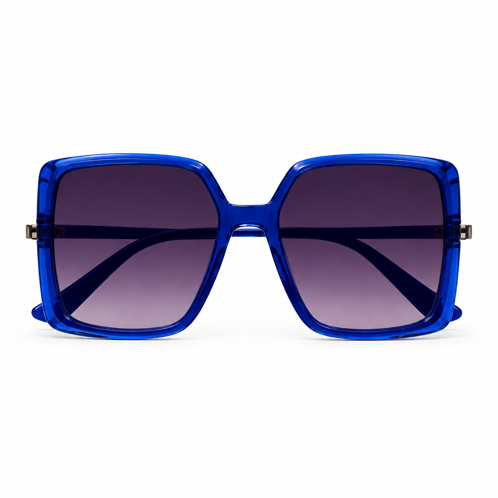 Statement cobalt blue oversized square sunglasses with translucent frame and purple gradient lenses – Victoria London