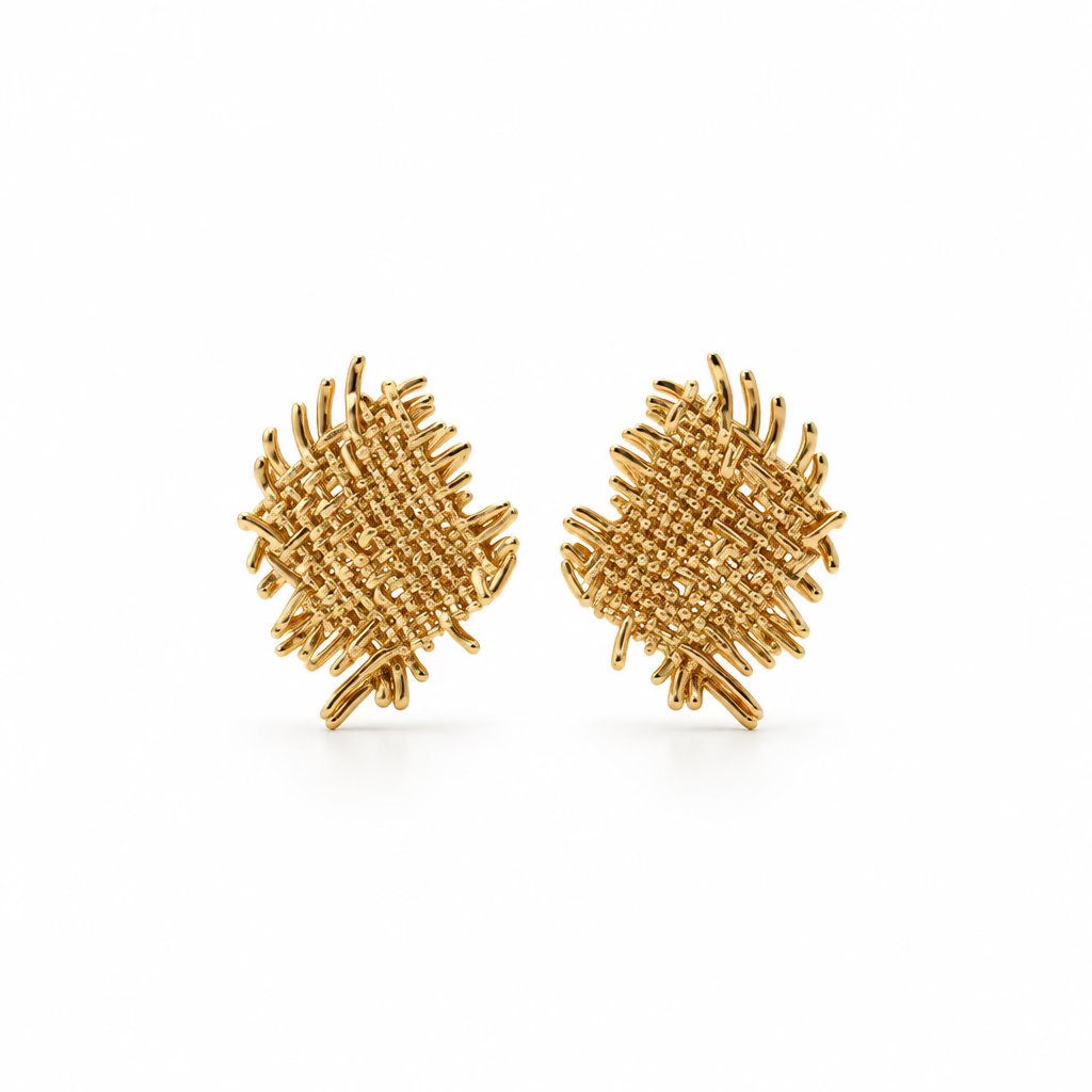 The Atelier Woven Mesh Statement Studs in gold tone with crosshatched lattice and raw-edge texture – Victoria London