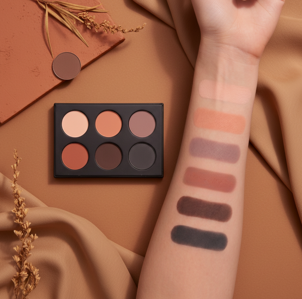 The Base Eyeshadow Palette open beside its six shades swatched along a forearm – Victoria London