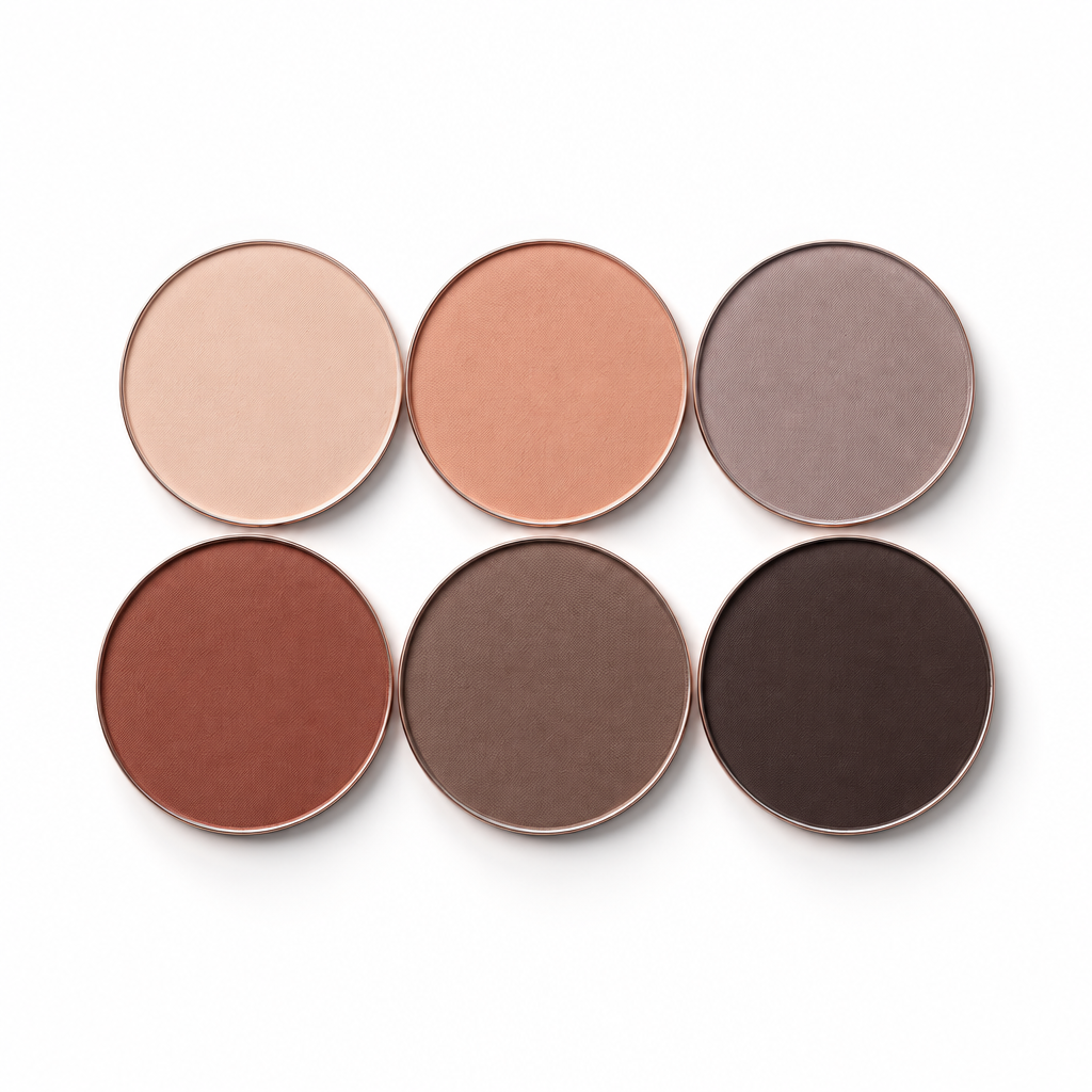 The Base Eyeshadow Palette shades, six neutrals from soft beige and peach to terracotta, taupe and charcoal – Victoria London