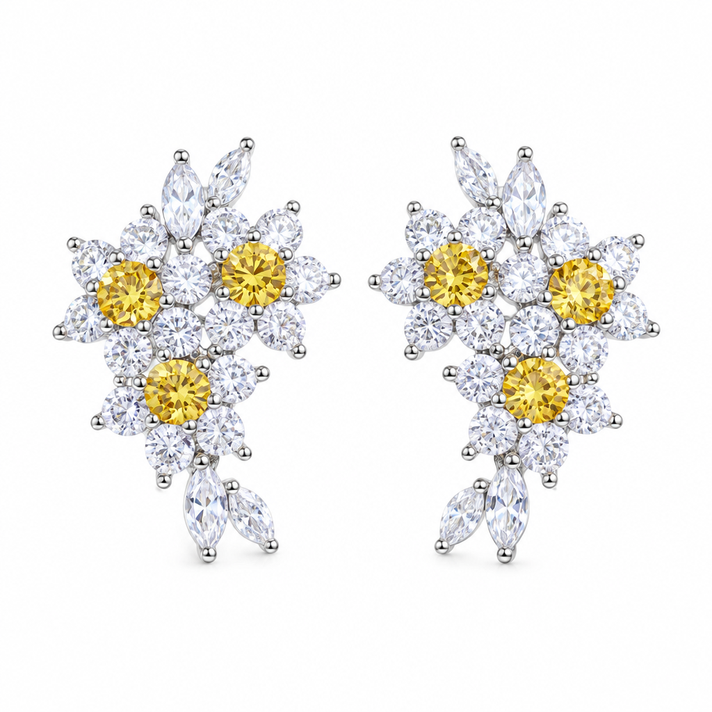 The Canary Floral Cluster Earrings with yellow centre stones and clear marquise crystal petals – Victoria London