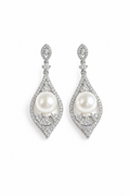 Filigree marquis crystal and pearl teardrop earrings, a pearl set in an open pavé frame, silver tone – Victoria London