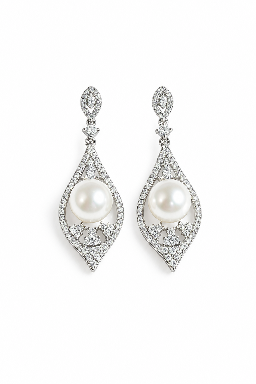Filigree marquis crystal and pearl teardrop earrings, a pearl set in an open pavé frame, silver tone – Victoria London