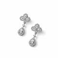Heirloom teardrop statement earrings in silver tone, a pavé trefoil top above a pear-cut halo drop – Victoria London