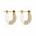 Split-Tone Arch huggie earrings in gold tone, half ivory enamel and half micro-pavé crystals – Victoria London